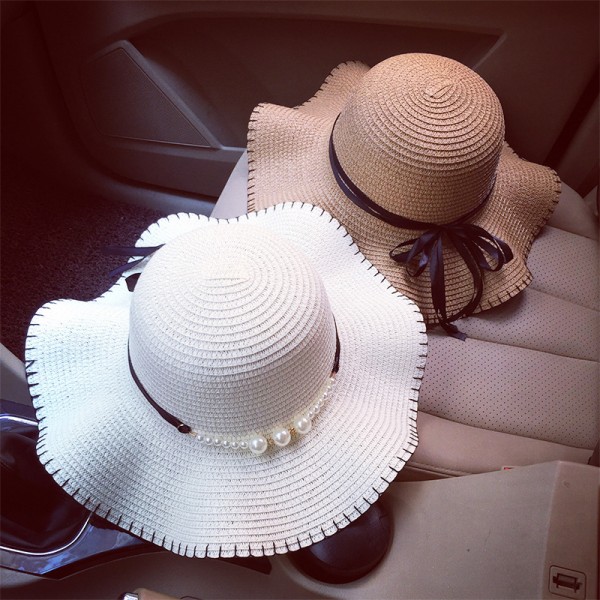 Соломенная женская шляпа с бантой и бусами, женская White